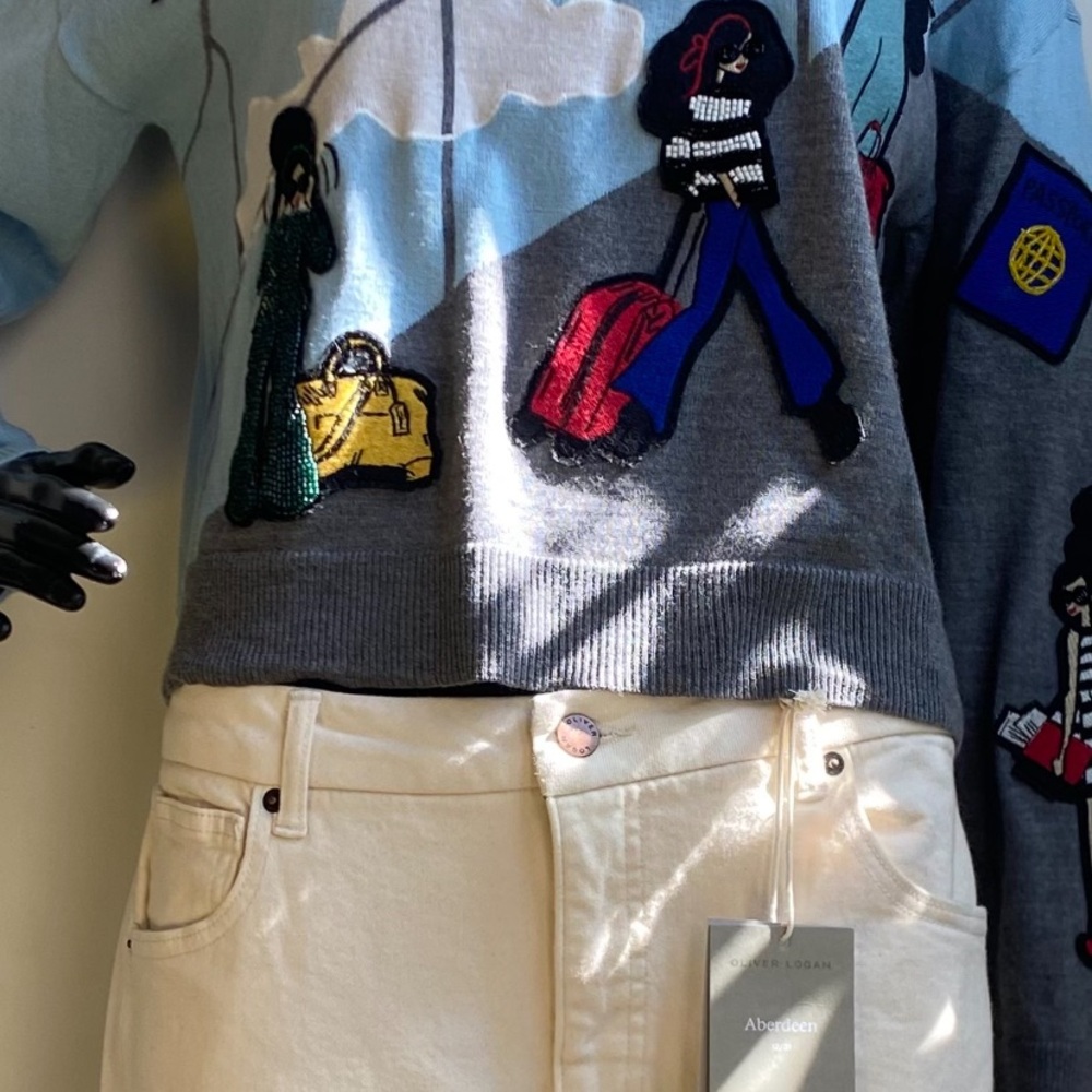 Alice + Olivia Sky Blue and Gray Travel Patch Crewneck Sweater - Picture 8 of 10